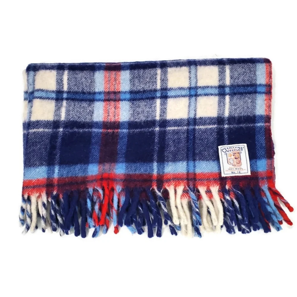 Vintage Curvon Royal Pure Wool Blue Plaid Lap Blanket 34.5